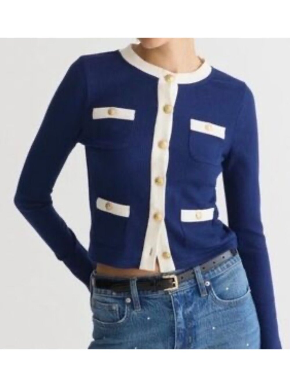 J.Crew Navy & White Ribbed Cardigan Sweater Long Sleeve Preppy Chic Sz XS